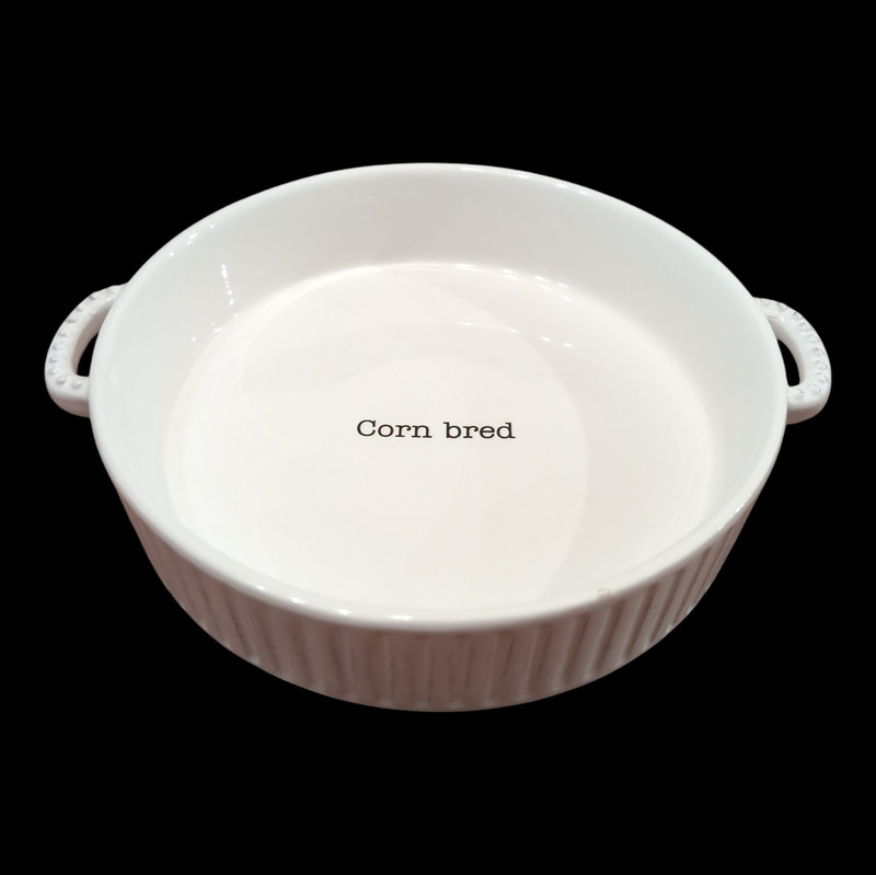 Mud Pie Cornbread Baker Set 1.5 Qt Round White Ceramic Dish Handles 350F
