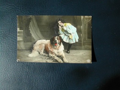 Vintage Argentina Postcard '' Girl with a Enormous Dog'' 1906