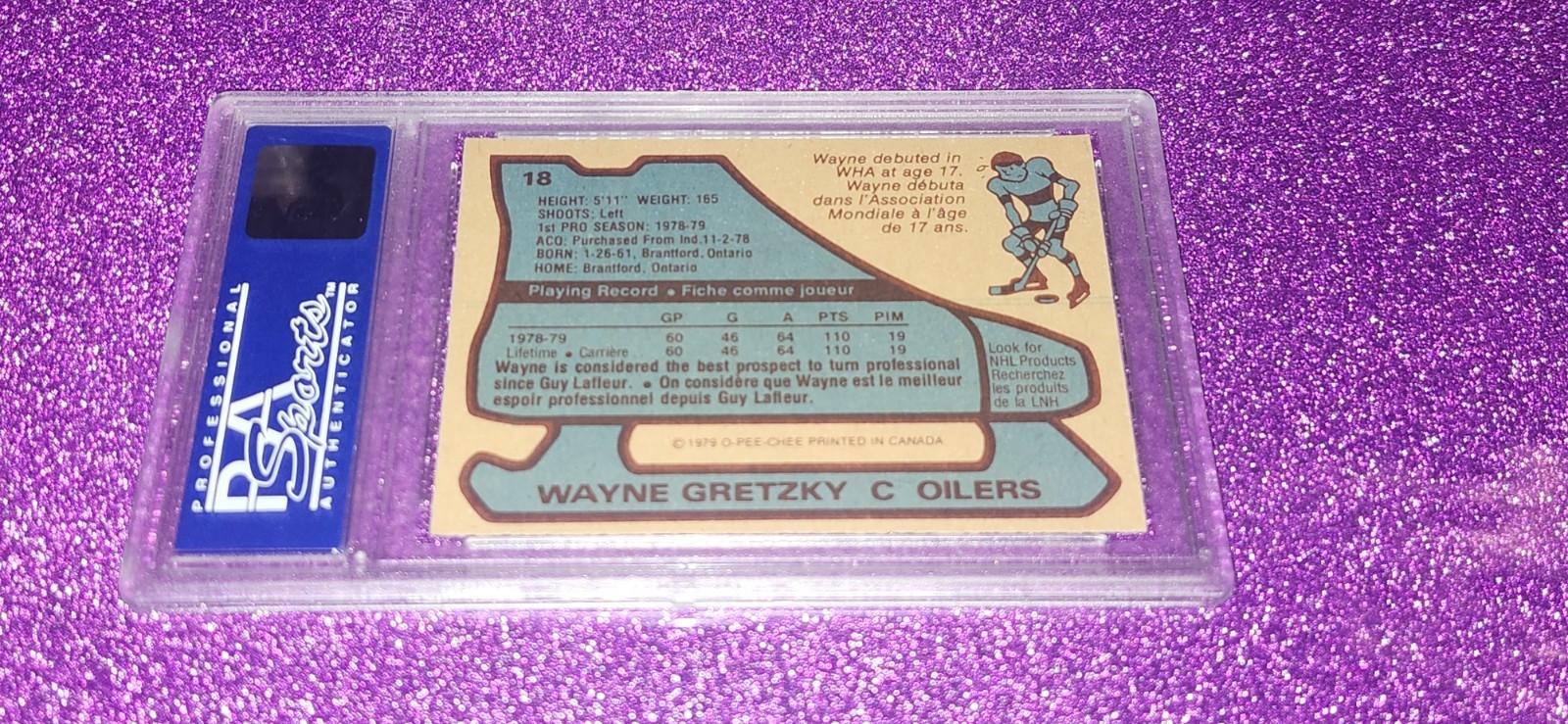 1979 OPC O PEE CHEE #18 WAYNE GRETZKY PSA 8  ROOKIE blue lines on back variation view 3