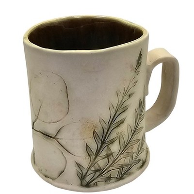 JG Studio Pottery Mug Pressed Botanical Leaf Imprint Handmade Ceramic Cup