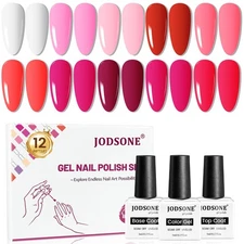 JODSONE 12 PCS Gel Nail Polish Base Coat and Top Red Pink 10Color-pink 