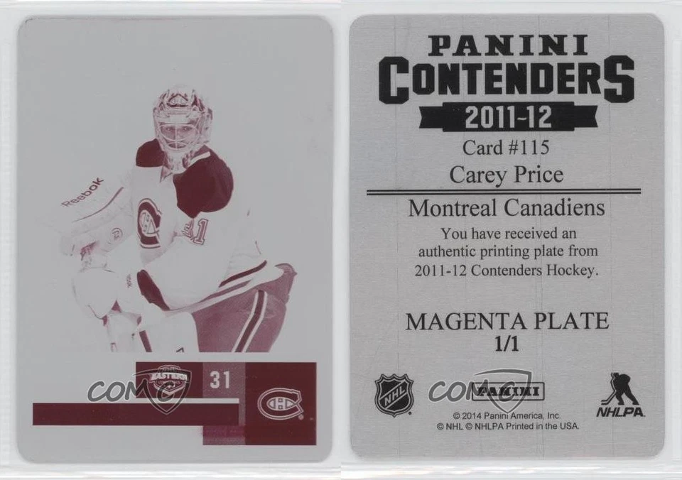 2011-12 Panini Playoff Contenders Cup Printing Plate Magenta 1/1 Carey Price 0c3 - Image 3 of 3