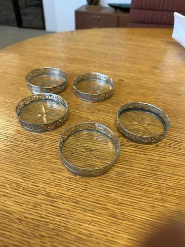 Vintage Tiffany & Co. Sterling Silver & Cut Glass Coasters W/ Pierced Design (5)