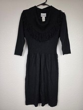 Vintage Bethany Black Acrylic Knit Dress Fringe Medium