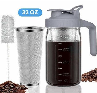 Cold Brew Kaffeemaschine (grau 32 Unzen) Einmachglas Krug mit Griff und Deckel,
