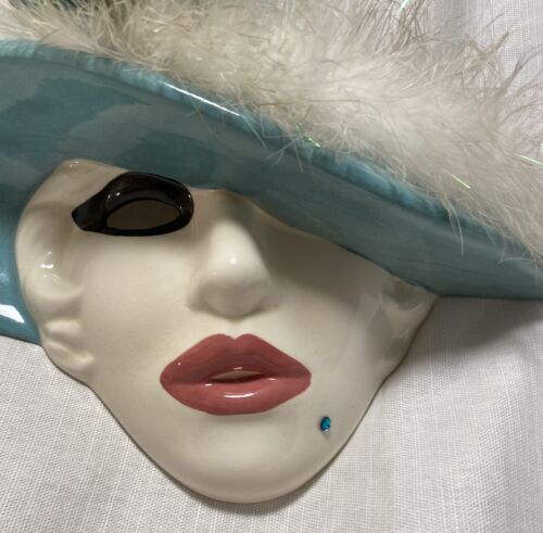 Women Face Mask Wall Art Decor Ceramic Lady in Hat Marabou Vtg 80s - Picture 4 of 11