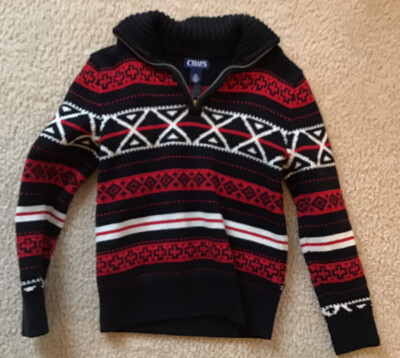 Chaps Small (8) Boys Nordic Fair Isle Half-Zip Sweater Black/Red/White Ski