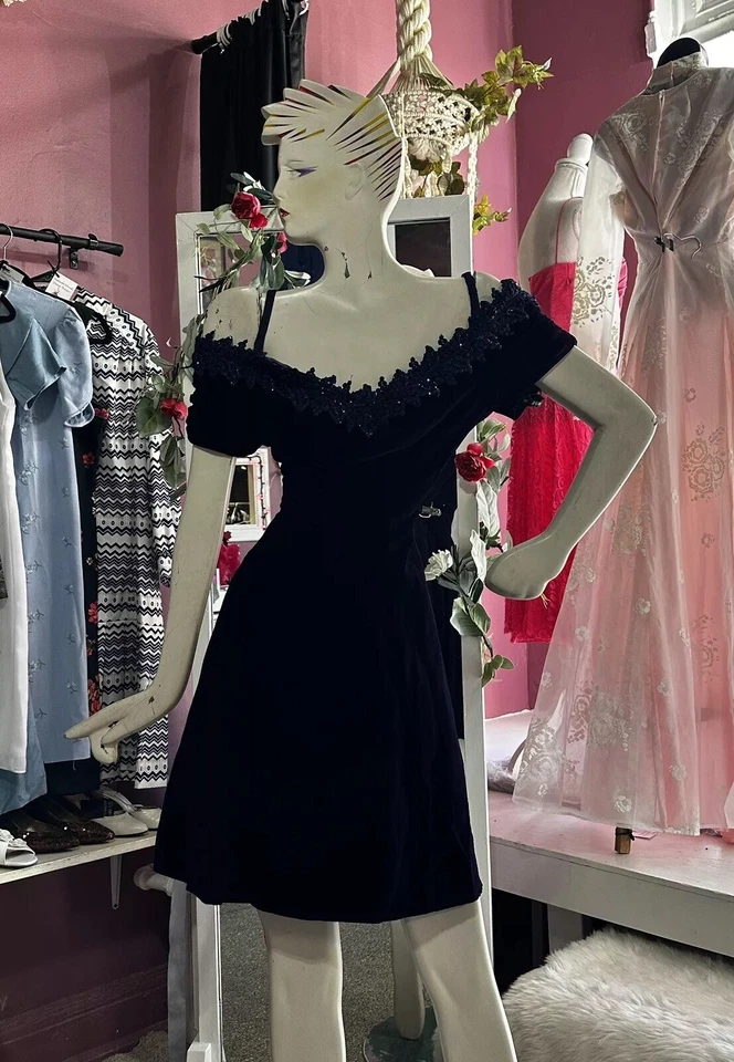 Vintage 90s Purple Velvet Mini Dress Fit & Flare Off Shoulder Grunge Fairy S - Image 2 of 4