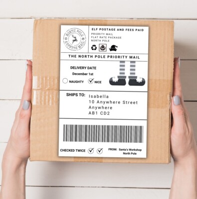 Elfe Weihnachtsmann Lieferetikett für Elfe Ankunft oder Geschenkbox vom Weihnachtsmann personalisiert
