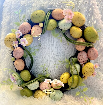15'' Round Grapevine Easter Spring Wreath Speckled Eggs Door Decor Wall Floral