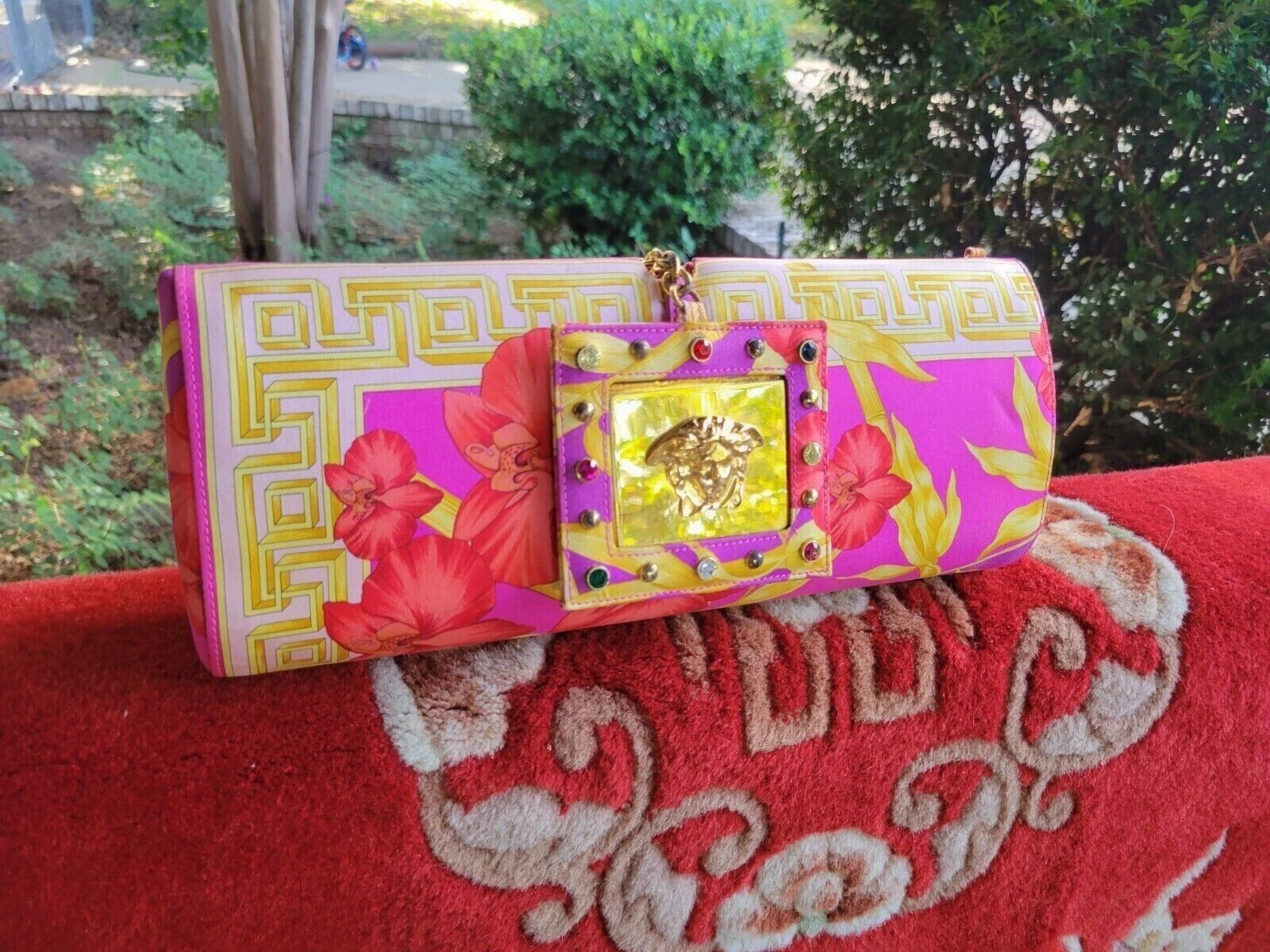 Versace — GIANNI VERSACE Floral Silk Clutch Bag w/ Mirror Medusa Head Retro