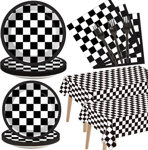 98 PCS Black and White Checkered Racing Party Supplies Car Party Tableware Set - Imagen 11 de 12