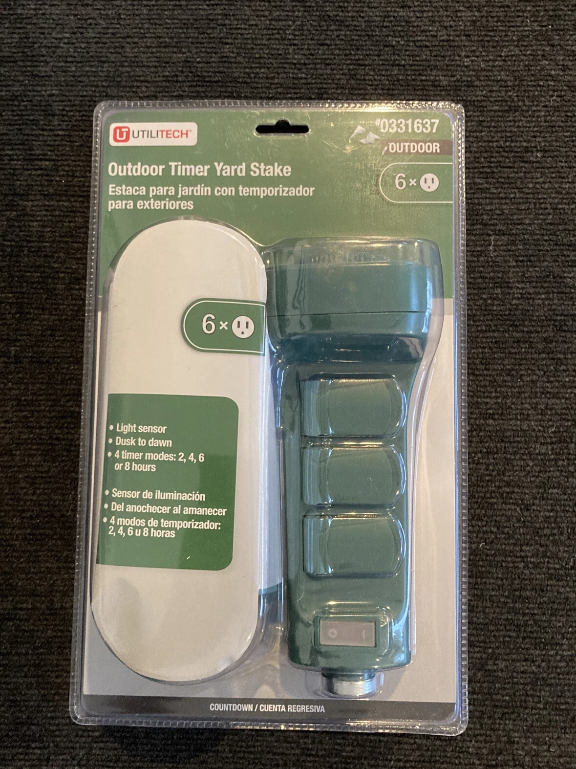 Outdoor Stake Countdown Timer & Dusk-to-Dawn 6-Outlet ( New Sealed)