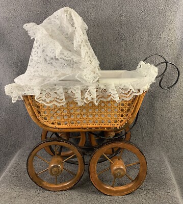 Vintage Cane Wicker Baby Doll Stroller Pram Metal And Wood Nice