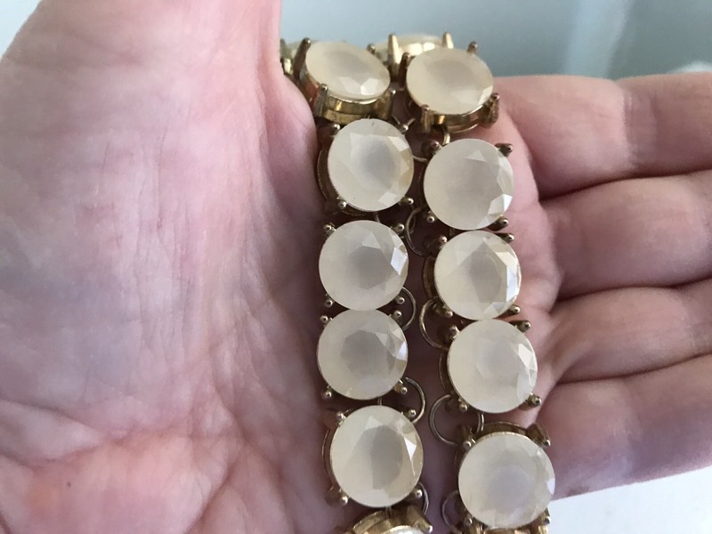 Vintage Off White Glass Crystal 1/2" Bezel and Gold Tone 18" Link Chain Necklace