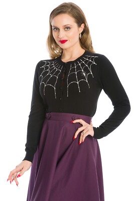 BANNED Schwarz Weiß Gothic Vintage Retro Rockabilly Under Her Web Spell Strickjacke