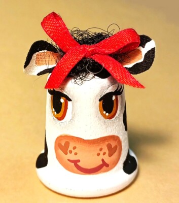 Wood Cow Thimble Holstein Red Bow Goofy Looking Long Eyelashes Janet Pitts