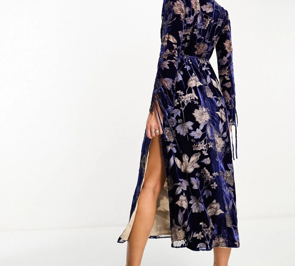 ASOS Design 连衣裙女式 8 蓝色天鹅绒花卉连衣裙波西米亚领带正面 — 第 4/4 张图片