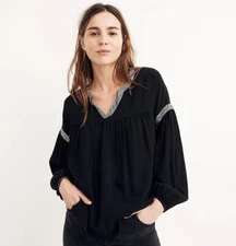 Madewell Black Blouson Sleeve Top Boho Long Sleeve Peasant Top XXS