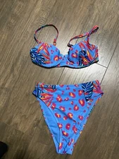 Tabitha Brown Swimsuit Size Small 2 pc bikini floral leopard blue