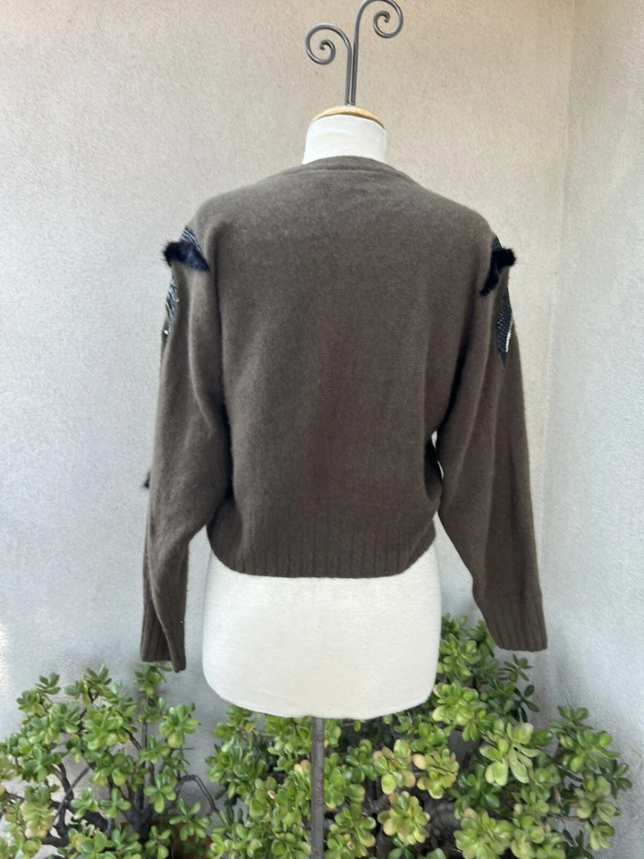 Suéter Vintage Erez Años 80 Lana Adorno Cuero Piel Cuentas Pequeño Foto 2 de 4