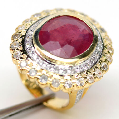 13 X 16 mm. OVAL RED RUBY & WHITE CAMBODIA ZIRCON RING 925 SILVER - Picture 1 of 4
