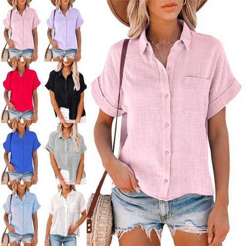 Women Tops Lapel Neck Shirts Ladies Casual Short Sleeve Business Elegant Blouse - Picture 1 of 44