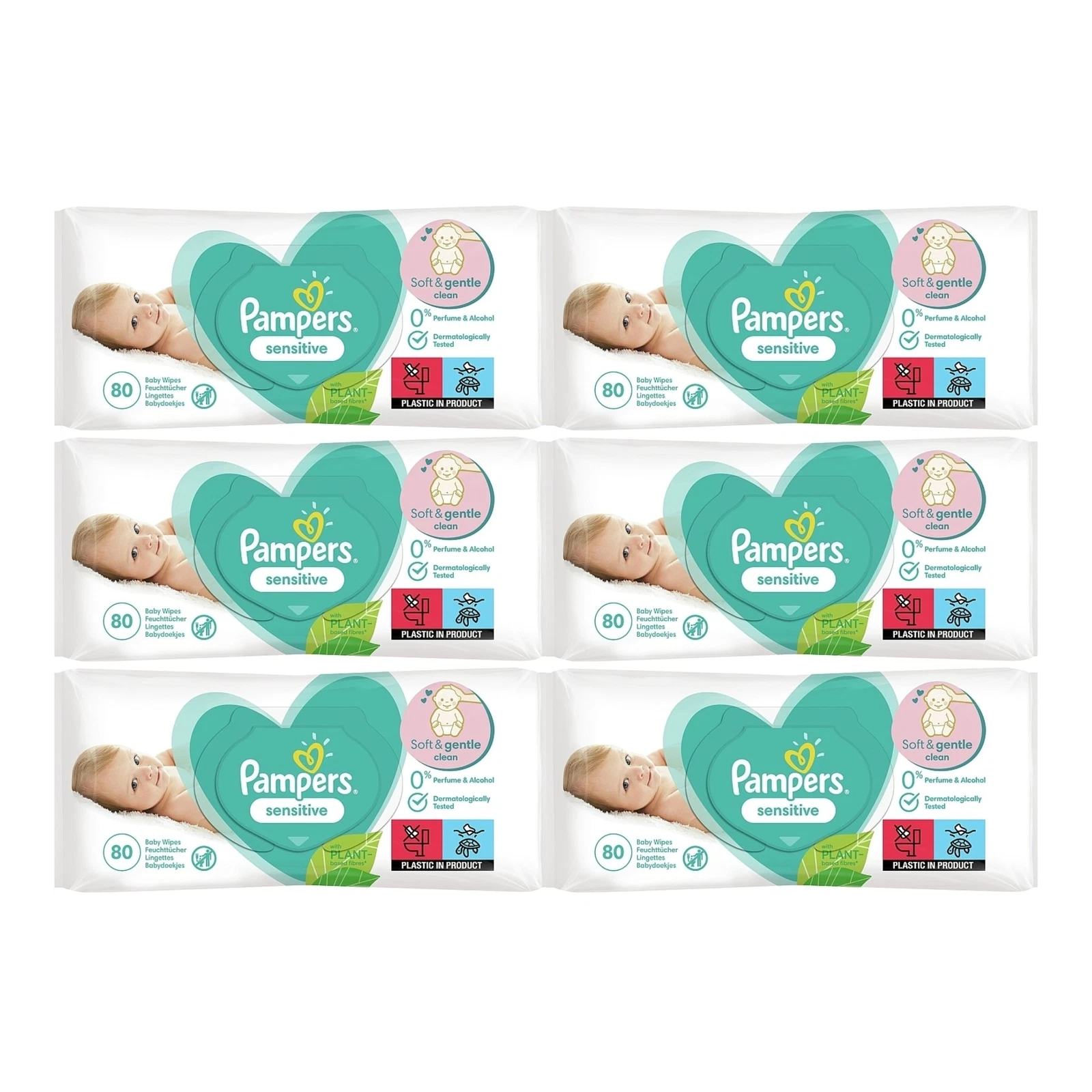 Pampers Sensitive Fragrance Free Baby Wipes, 80 Wipes (Pack of 6)
