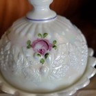 WESTMORELAND OPALESCENT Glass Lid ROSES & BOWS Candy Dish Hd Painted SIGNED 1981 — photo 2