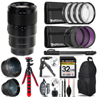 Sony FE 90mm f/2.8 Macro G OSS Lens -3 Lens Kit +Tripod + Backpack - 32GB Kit