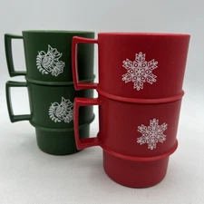 Set 4 Red Green Tupperware Christmas Mugs Snowflake Dove Holiday Cocoa 1312