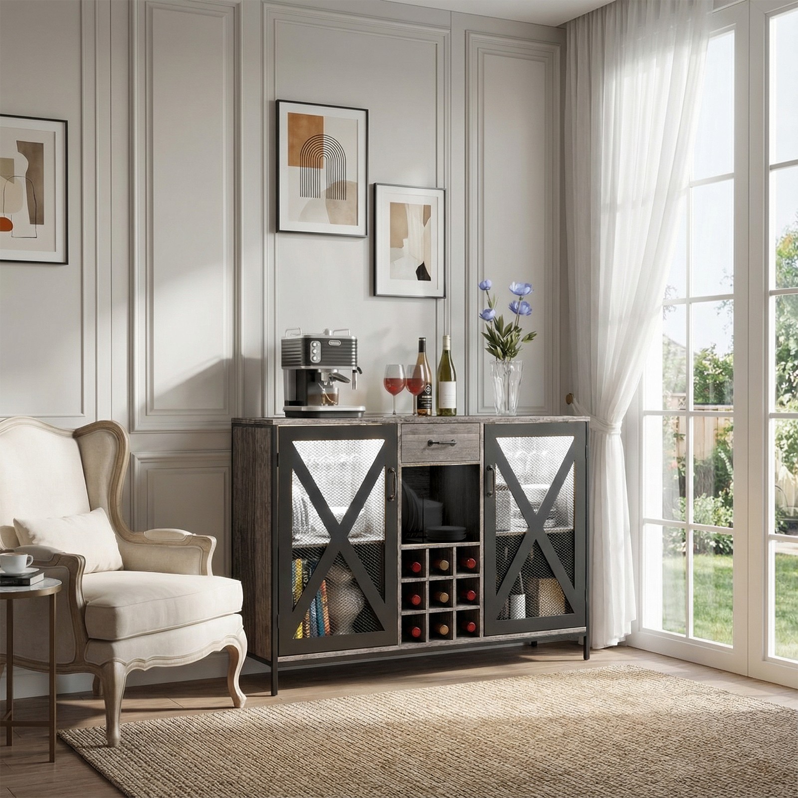 Wooden Wine Cabinet, Vintage Wood Bar Storage Cabinet+Drawer Wine Bottle Display