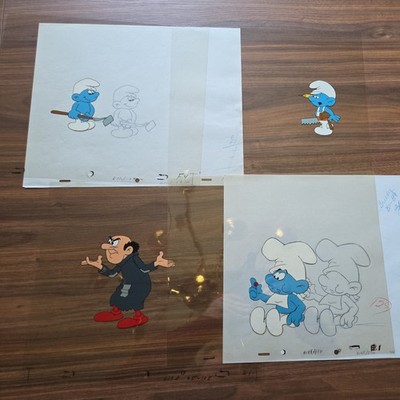 Lot of 4 Smurf Animation Hanna Barbera Production Art Cel and sketch