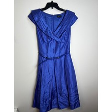Tahari Arthur S Levine Blue Cap Sleeve V Neck Belted Midi Dress Size 10