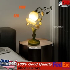 Elegant Glass Table Lamp Light Roses Flower Glass Lampshade Green & White 60W