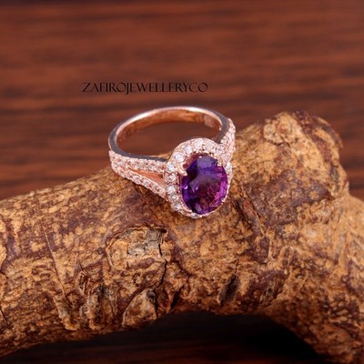 Amethyst Ring, Halo Setting Ring, February Birthstone, 925 Sterling Silver