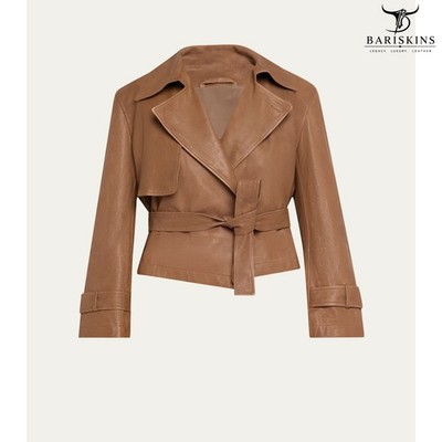 Womens Tan Lambskin Leather Cropped Trench Jacket Belted Wrap Bariskins
