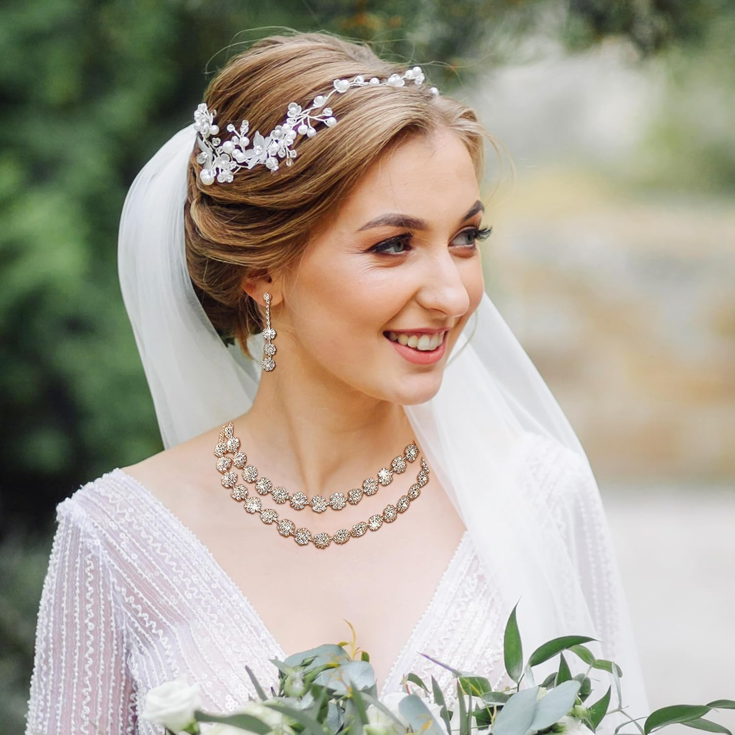 Silver Wedding Jewelry Sets for Brides Rhinestone Necklace Earrings Bracelet Set