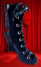  REDUCED PRADA MILANO Wedge Bootie PEEP TOE NAVY SUEDE LACE UP SZ US 7.5 NIB