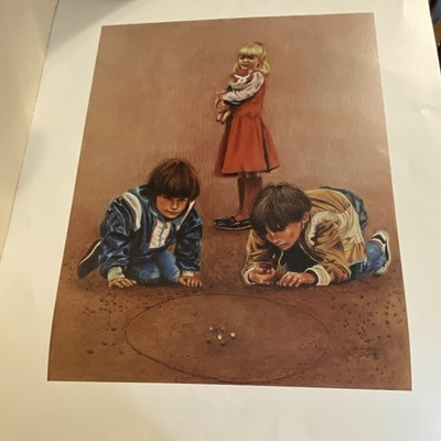 Marco Signed Realism Portrait Print on Paper Children Playing Marbles Unframed