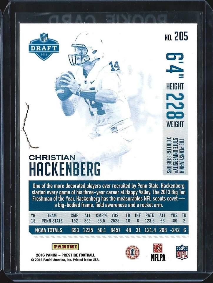 Christian Hackenberg 2016 Panini Prestige #205 - Rookie RC Xtra Points - NY Jets - Image 2 of 2