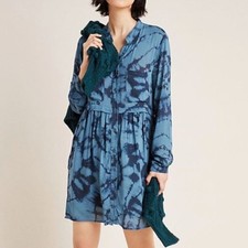 Cloth and Stone for Anthropologie Tara Tie-Dyed Shirt Dress in Blue Babydoll S
