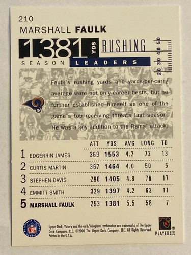 2000 Upper Deck Victory #210 Marshall Faulk St Louis Rams Season Leaders - Picture 2 of 2