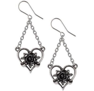 Alchemy Gothic Herz Schwarzheit Black Rose Kettenhaken Ohrringe Zinn E491 Neu