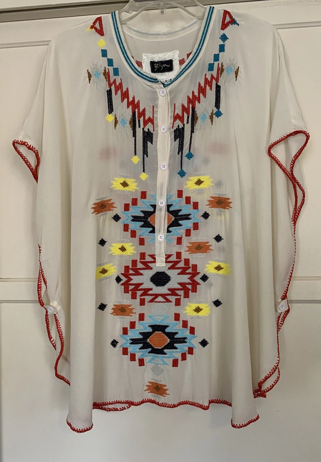 🦋 Johnny Was Biya Ivory Silk Poncho Blouse w Southwestern Embroidery Sz XS NWOT