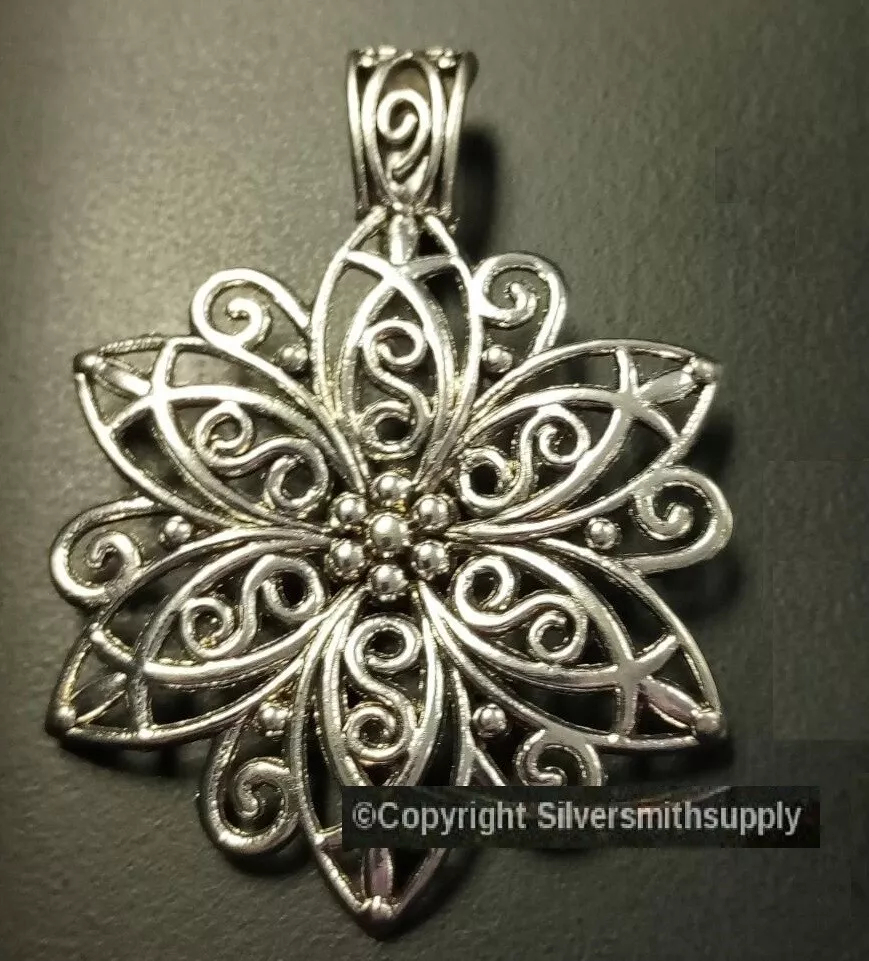 1 Ant silver Plt Flower Pendant w lrg bail filigree necklace