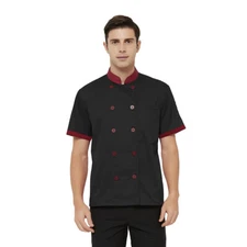 Unisex Short Sleeve Chef Coat Black Red Chef Jacket Restaurant Kitchen Uniform