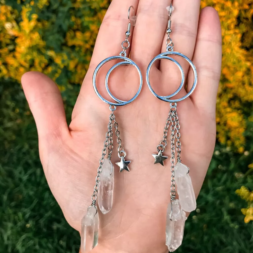 Clear Quartz Crystal Jewelry Hexagonal Pillar Chain Star Moon Ear