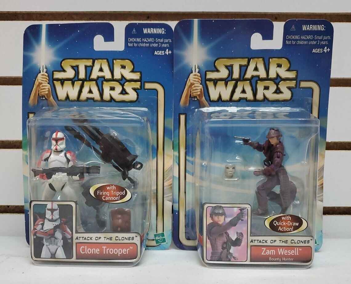 2002 Hasbro, Star Wars AOTC: Clone Trooper & Zam Wesell 4" Action Figures