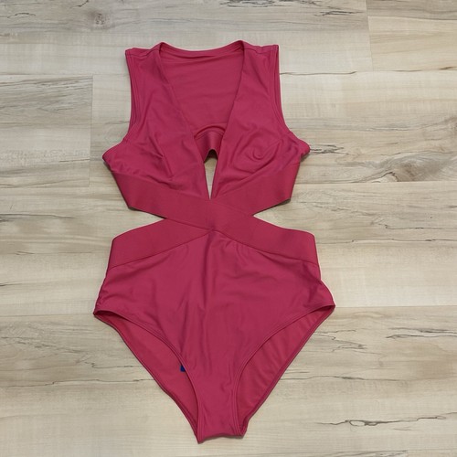 H&M Medium 1 Piece Swimsuit Plunge V Neck Highwaist Bottom Cutout Back Pink